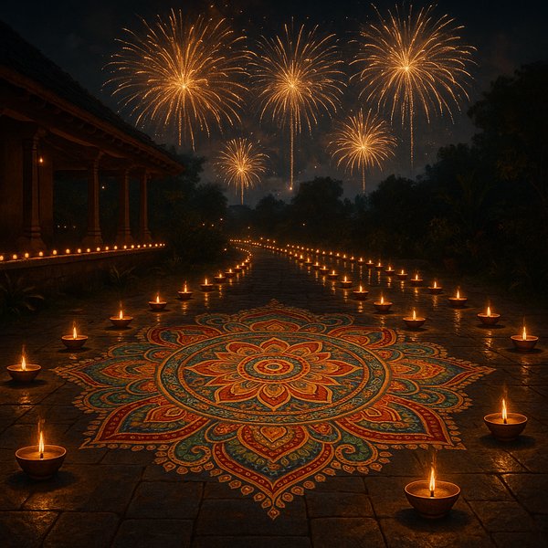 Noche de Diwali con rangoli y fuegos artificiales