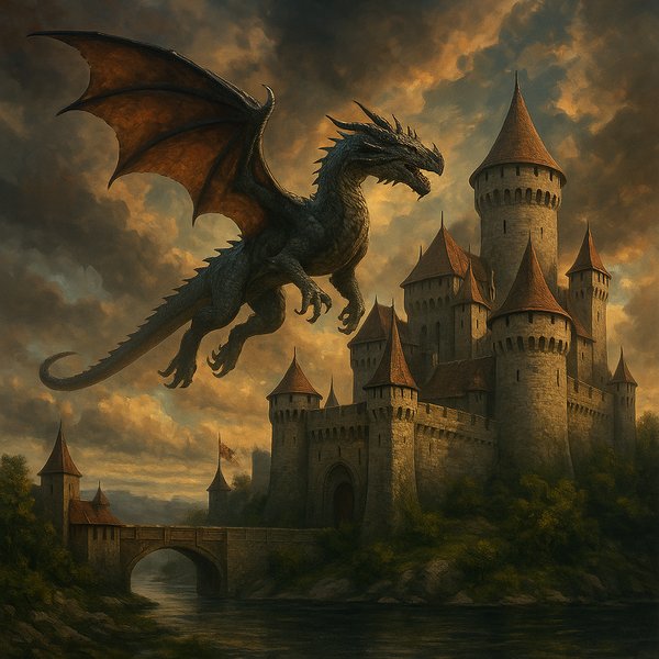 Dragon Over Castle at Dusk