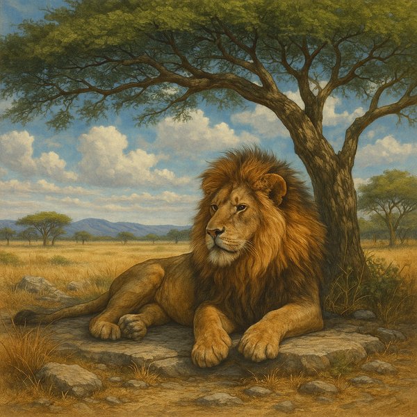 Lion Resting Under Acacia Tree