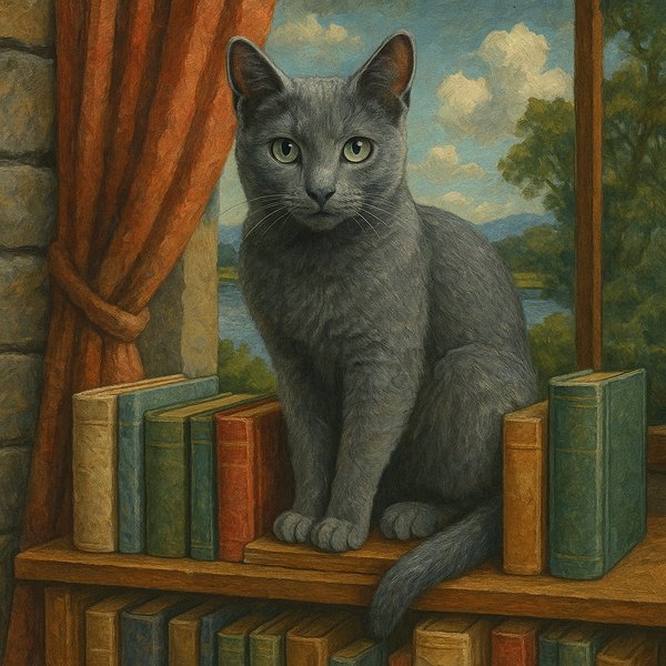 Russian Blue Cat on Bookshelf