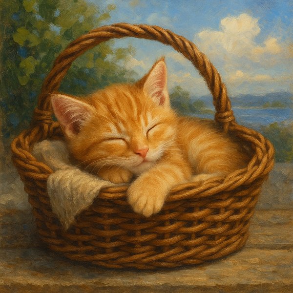 Sleeping Kitten in Wicker Basket