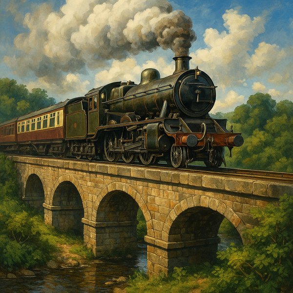 Steam Train on a Stone Viaduct
