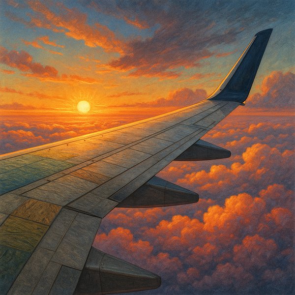 Sunrise Over Clouds from Airplane Wing