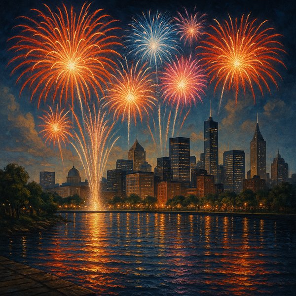 Vibrant Fireworks Over Cityscape