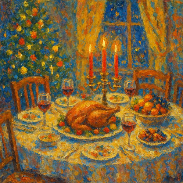 Impressionist Painting of Christmas Eve Dinner Table