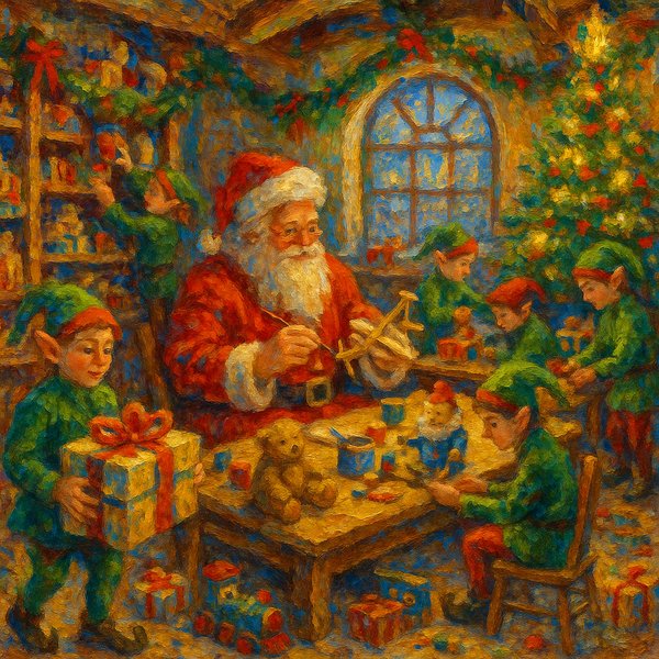 Impressionist Painting of Santa's Workshop