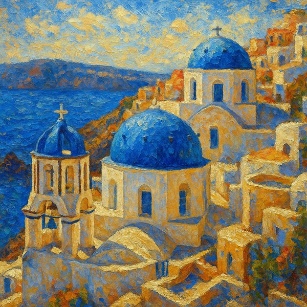 Impressionist Painting of Santorini Blue Domes