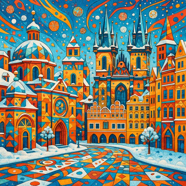 Pop-Surrealism of Prague Old Town in Snow