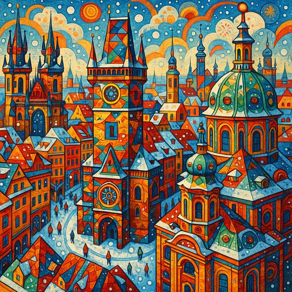 Pop-Surrealismus der Prager Altstadt im Schnee