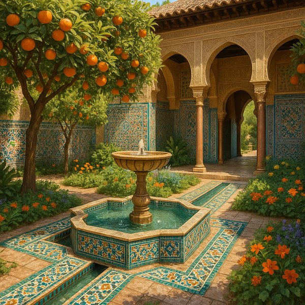 Andalusian Courtyard: Tiled Fountain and Orange Trees