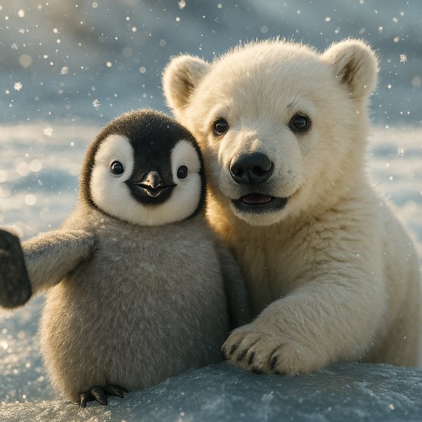 Arctic Selfie: Penguin Chick & Polar Bear Cub