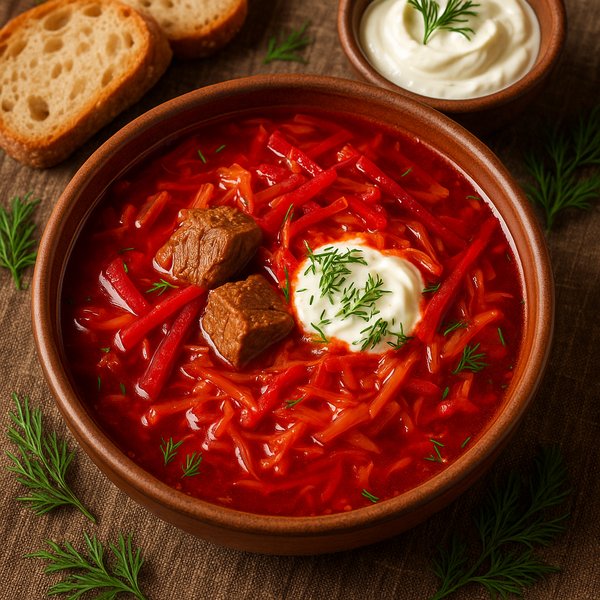 Classic Ukrainian Borscht with Sour Cream and Dill