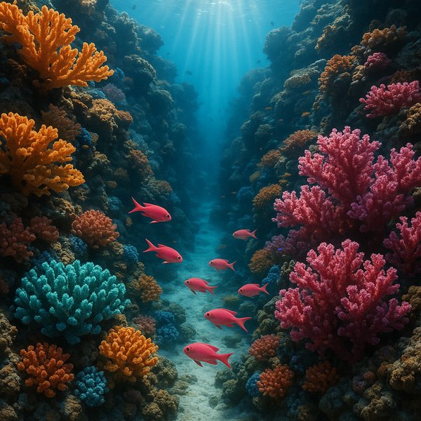 Coral Reef Canyon with Pink Reef Fish