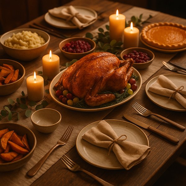 Cozy Family-Style Thanksgiving Feast with Roasted Turkey and Candlelight