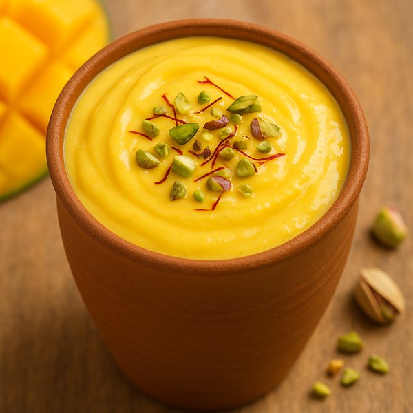 Creamy Mango Lassi in Clay Cup with Saffron & Pistachios