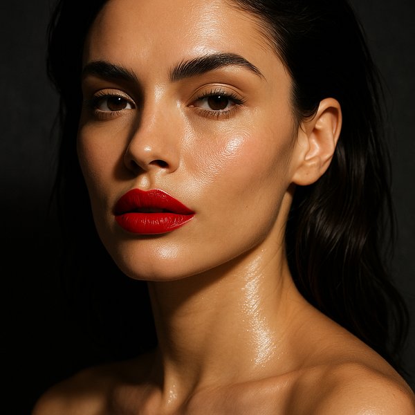 Crimson Statement — High‑Gloss Beauty Portrait