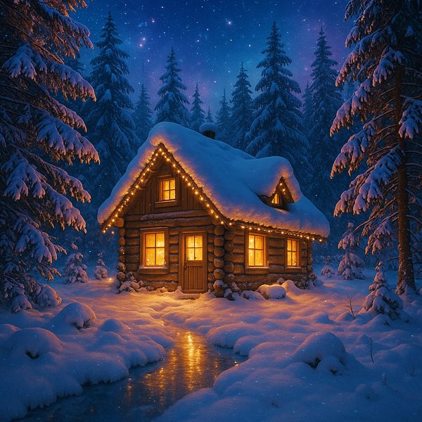 Dreamlike Snowy Forest Cabin