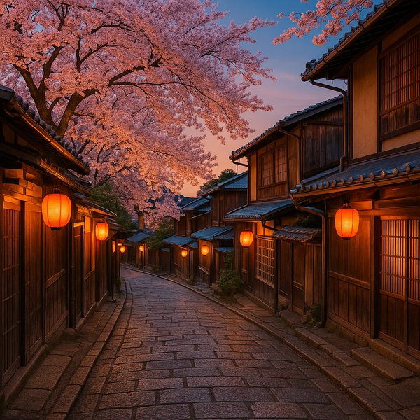 Dusk on a Kyoto Cherry Blossom Lane