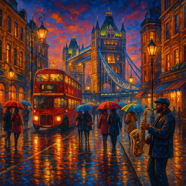 Dusk on the Bridge: Rainy London Street with Saxophonist