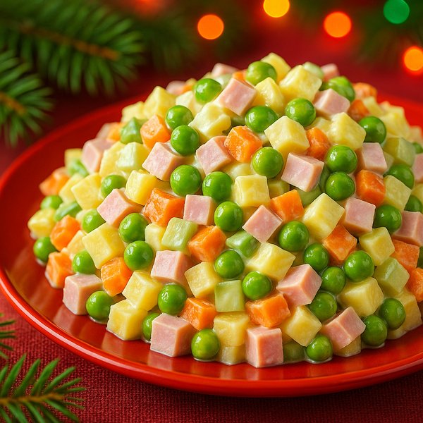 Festive Ukrainian Olivier Salad — Colorful Diced Vegetables & Sausage