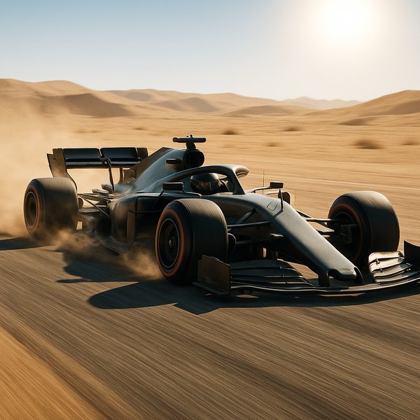 Formula‑Style Racer Charging Across a Desert Track