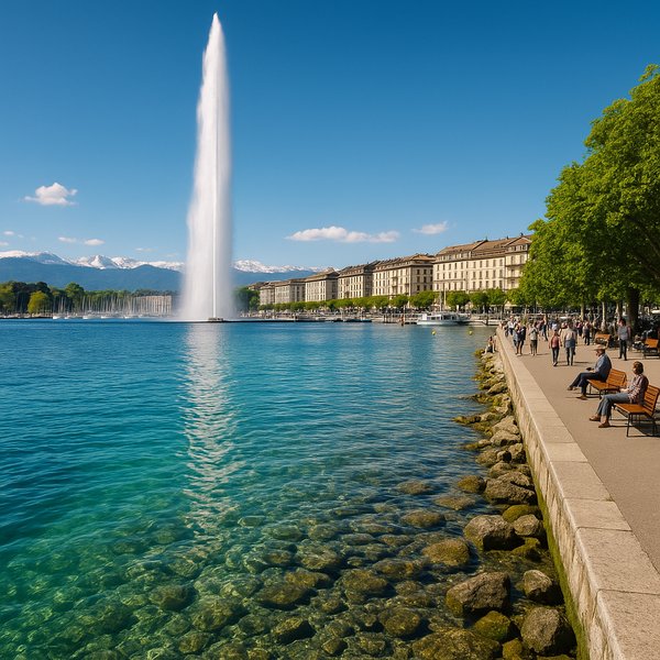 Geneva Lakeside with Jet d’Eau on a Bright Alpine Day