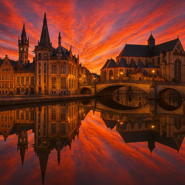 Ghent at Sunset — St. Michael’s Bridge Reflection