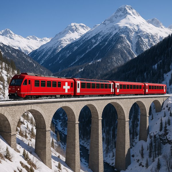 Glacier Express ข้ามสะพานในเทือกเขาแอลป์