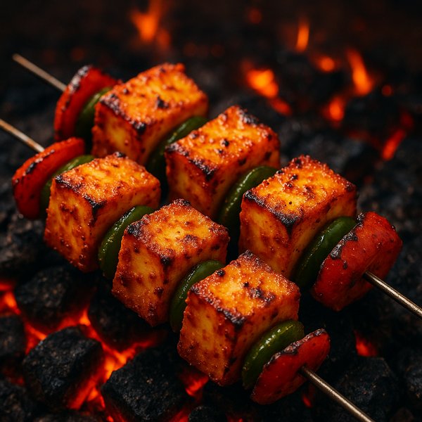Glowing Paneer Tikka Skewers over Charcoal Embers