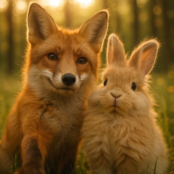 Golden Meadow Selfie: Fox & Fluffy Rabbit