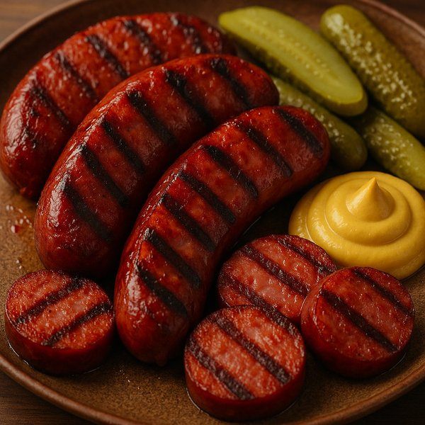 Grilled Kovbasa with Mustard & Pickles