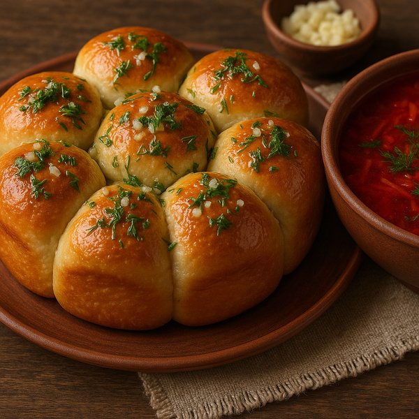 Homemade Pampushky (Garlic Rolls) with Borscht