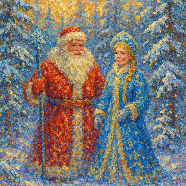 Impressionist Painting of Santa and Snow Maiden in Snowy Forest