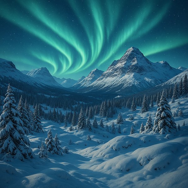 Lapland Aurora Over Snowy Peaks