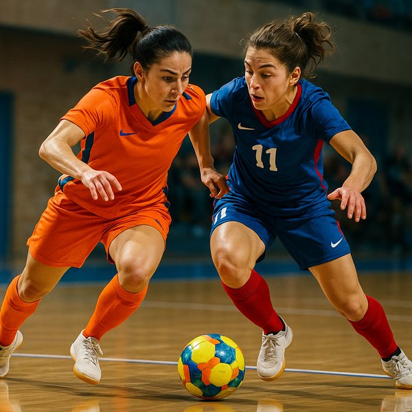 Low-Angle Futsal Duel: Orange vs Blue