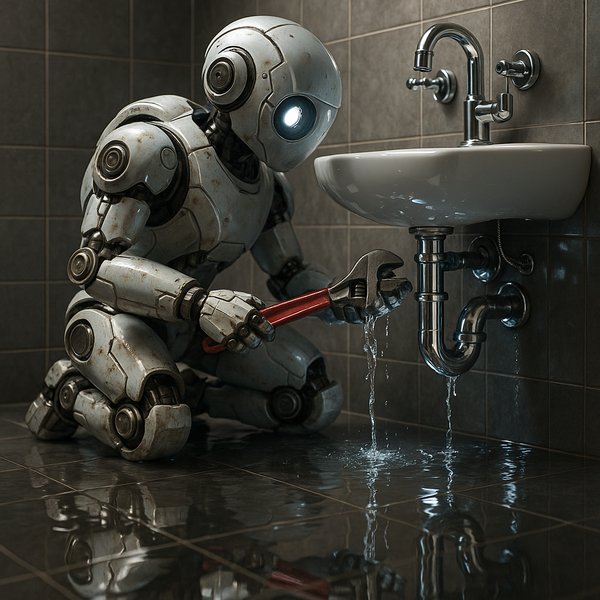 Maintenance Bot Repairing Leaking Bathroom Sink