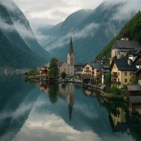 Misty Morning at a Hallstatt Lake