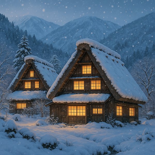 Moonlit Gassho Houses in Deep Snow