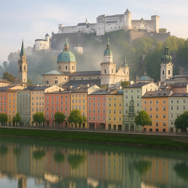 Morning Mist over Salzburg Old Town and Hohensalzburg Fortress