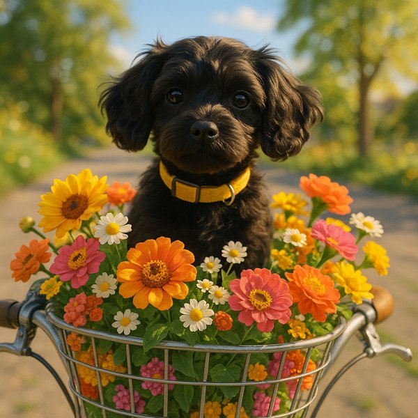 Morning Ride: Puppy in a Flower-Filled Bike Basket