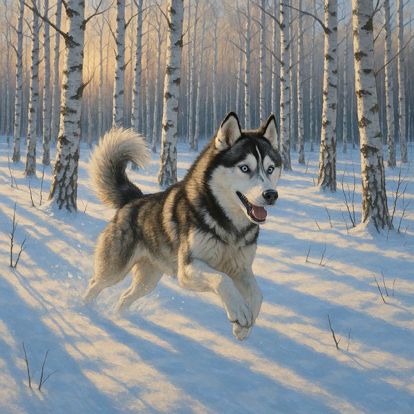 Morning Run: Siberian Husky in a Birch Snowfield