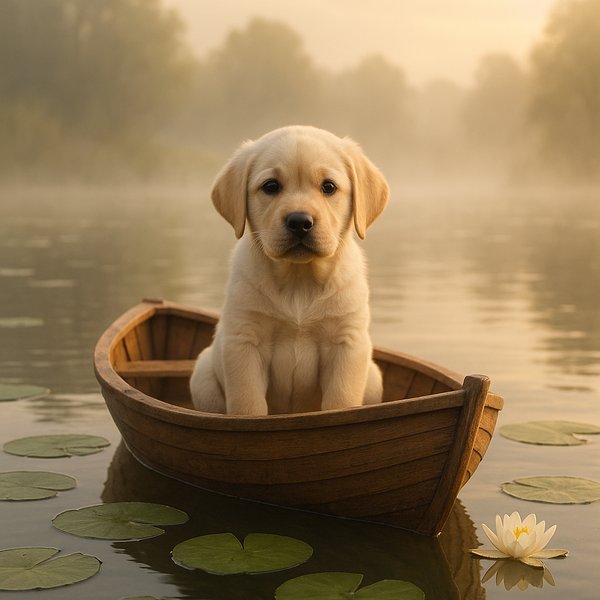 Morning Voyage: Labrador Puppy in a Tiny Rowboat