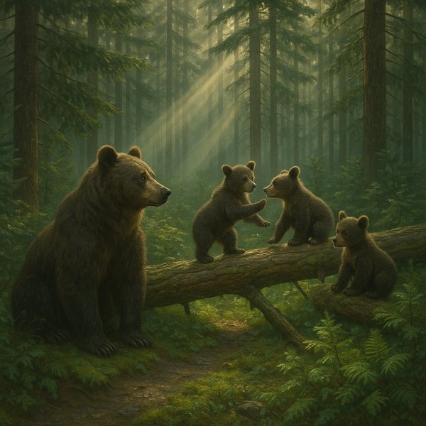 Morning Watch: Mother Bear and Cubs on a Fallen Log