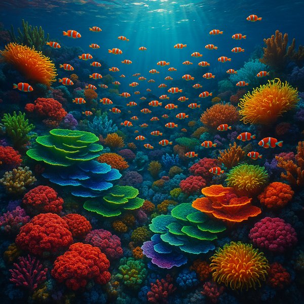 Neon Reef: School of Clownfish in a Color-Saturated Tropical Garden
