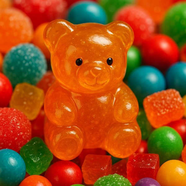 Orange Gummy Bear Among Colorful Sweets