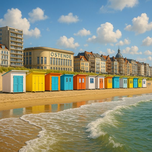 Strandhütten in Ostende bei Sonnenaufgang