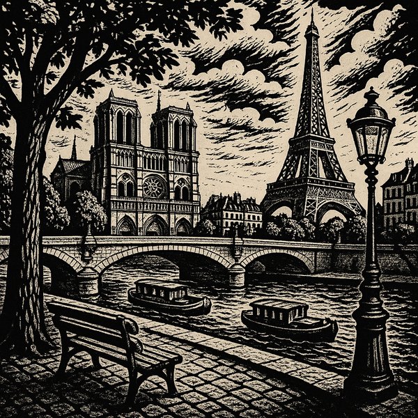 Parisian Evening in High-Contrast Woodcut