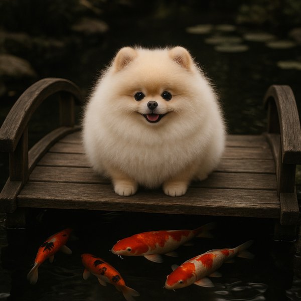 Puffy Pomeranian on a Koi Pond Bridge
