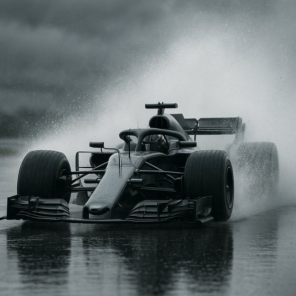 Rain-Soaked Formula-Style Racer Bursting Through Spray