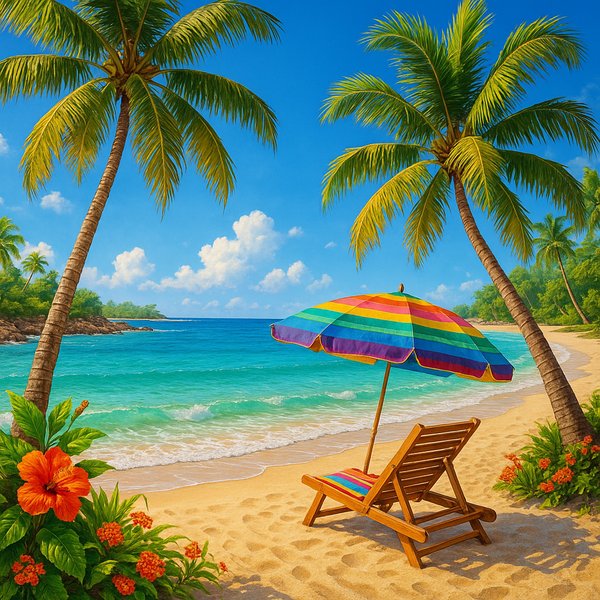 Parasol arc-en-ciel sur une plage tropicale